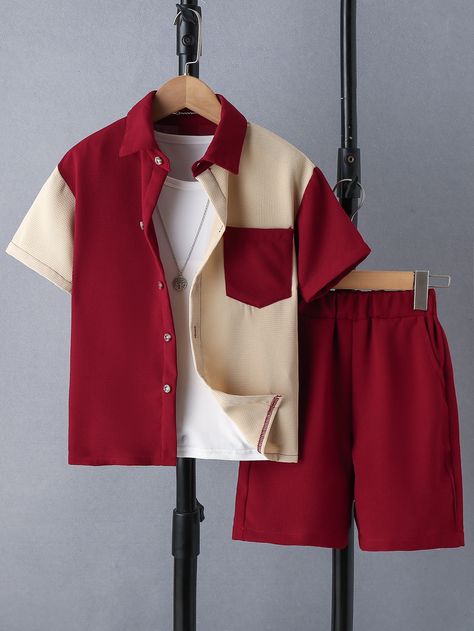 Tween Boy Two Tone Shirt & Shorts Without Tee Multicolor Casual    Colorblock  Non-Stretch  Tween Boys Clothing, size features are:Bust: ,Length: ,Sleeve Length: Casual Wear For Boys, Two Tone Shirt, Stylish Boy Clothes, Kids Wear Boys, Outfits For Boys, Moda Afro, Outfit For Boys, Kids Dress Boys, Shein Kids