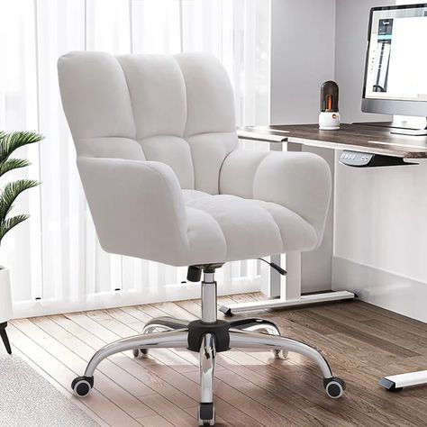 Modern White Office Chair Upholstered Cotton & Linen Swivel Task Chair Height Adjustable Wiggle Chair, Bedroom Desk Chair, White Desk Chair, Desk Chair Comfy, Cute Desk Chair, Working Desk, White Office Chair, Modern Office Chair, Work Chair