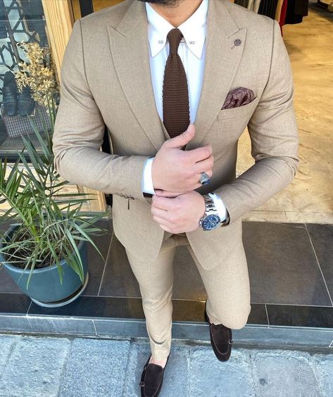 Dark Cream Suits For Men, Dark Beige Groom Suit, Tan And Brown Suit, Mens Taupe Suit, Tan Suit Brown Tie, Tan Tuxedo Prom, Brown Suit Prom, Men’s Tan Suit, Cream Prom Suit