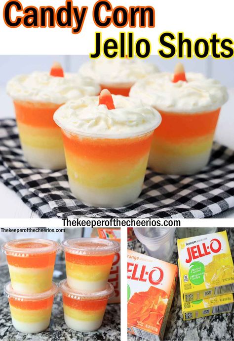 Bachelorette Spooky, Candy Corn Jello, Candy Corn Jello Shots, Jello Shooters, Cozy Cocktails, Halloween Jello Shots, Halloween Jello, 80s Halloween, Bread Booze Bacon