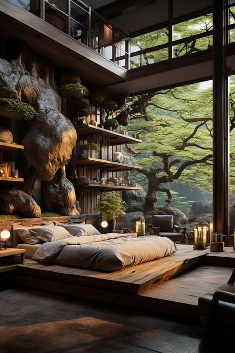 A Zen-style home with a focus on nature accents. This is an architectural AI artwork designed with Midjourney. Natural Luxury Interior, Modern Nature House Interiors, Modern Nature House, Zen Bedrooms, Japanese Style Interior Design, Zen Interior Design, Small Bedroom Hacks, Design Bedroom Ideas, Japanese Inspired Home