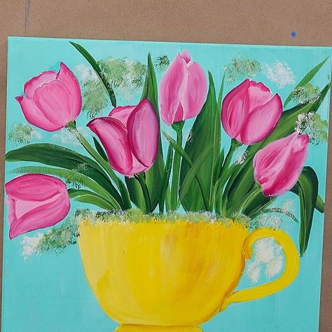 easy Paint Tulips in a Teacup! Acrylic painting tutorial for beginners yet enjoyable for everyone. Create this fun Spring painting on canvas at home in your own time. Step by step photo tutorial with free video. Paint Tulips, Easter Canvas, Easter Paintings, Easy Flower Painting, Acrylic Ideas, Tulip Painting, Flowers Tutorial, Flower Painting Canvas, Easy Flower