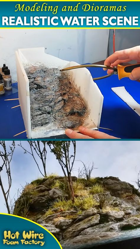 Merrick of High Eye Workshop made this diorama with realistic-looking water effects as part of a YouTube tutorial, using foam as the base. #diorama #riverdiorama #realisticwater #dioramabuilding #styrofoam River Diorama, Diorama Tutorial, Modelling Ideas, Foam Factory, Train Kit, Model Railway Track Plans, Diy Christmas Village, Christmas Decorations Cheap, Modeling Techniques