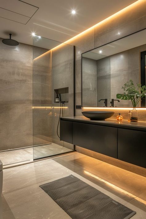 2025 Bathroom Design, Modern Concrete Interior Design, Concrete Look Bathroom, Minimalist Interior Bathroom, Bathroom Aesthetic Minimalist, Master Ensuite Bathroom Luxury, Dark Floor Bathroom Ideas, Dark Bathroom Interior, Cozy Modern Bathroom