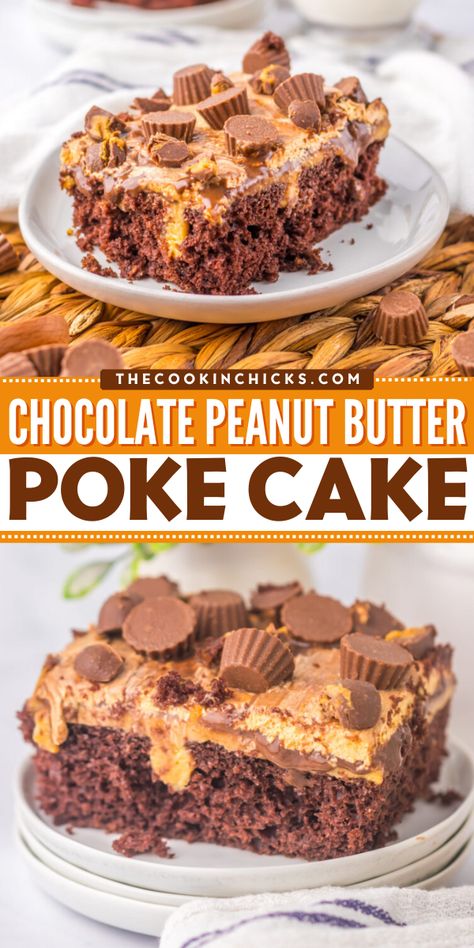 This easy Chocolate Peanut Butter Poke Cake recipe is the ultimate dessert to enjoy for any occasion! Moist chocolate cake with a peanut butter filling, chocolate frosting, and of course, Reese’s peanut butter cups on top! Peanut Butter Dirt Cake, Peanut Butter Reese’s Cake, Reeses Cake Recipes, Easy Chocolate Peanut Butter Desserts, Desert Lasagna, Peanut Butter Dump Cake, Chocolate Pudding Poke Cake, Chocolate Peanut Butter Poke Cake, Peanut Butter Poke Cake