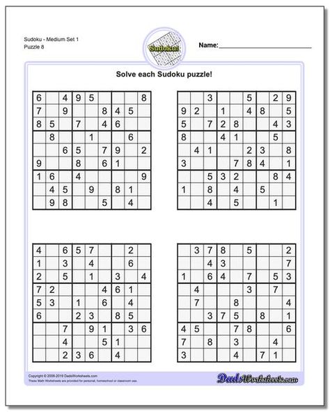 https://www.dadsworksheets.com SudokuMedium Set 1 Worksheet #Sudoku #Worksheet Printable Sudoku, Sudoku Printable, Math Facts Addition, Welcome Words, Rebus Puzzles, Free Printable Math Worksheets, Hard Puzzles, Printable Math Worksheets, Free Math Worksheets