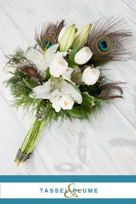 Peacock Feather Bridal Bouquet, Wedding Flowers With Peacock Feathers, Peacock Feather Boutonniere, Peacock Feather Flower Arrangements, Peacock Flower Bouquet, Peacock Feather Wedding Bouquet, Bouquet With Peacock Feathers, Peacock Feather Bouquet, Feather Wedding Bouquet