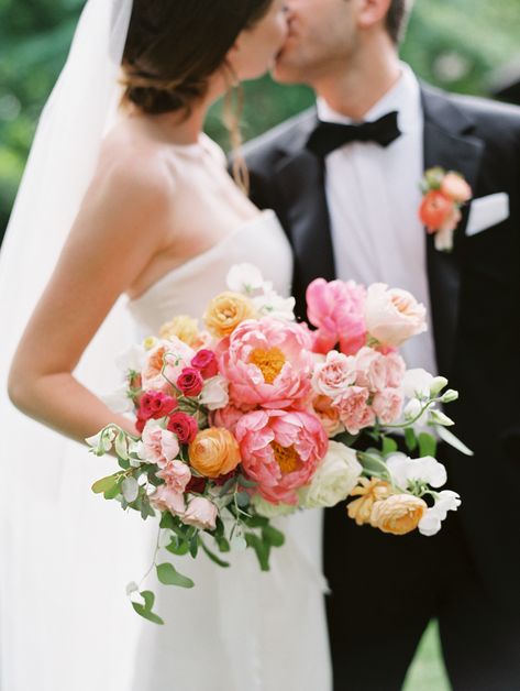 Peony Orchid Wedding Bouquet, Wedding Bouquets Garden Style, Blush Pink And Coral Wedding, Coral And Pink Wedding Flowers, Fluffy Bridal Bouquet, Summer Garden Wedding Bouquet, English Garden Wedding Bouquet, Summer Garden Wedding Flowers, Pink Wedding Party Attire