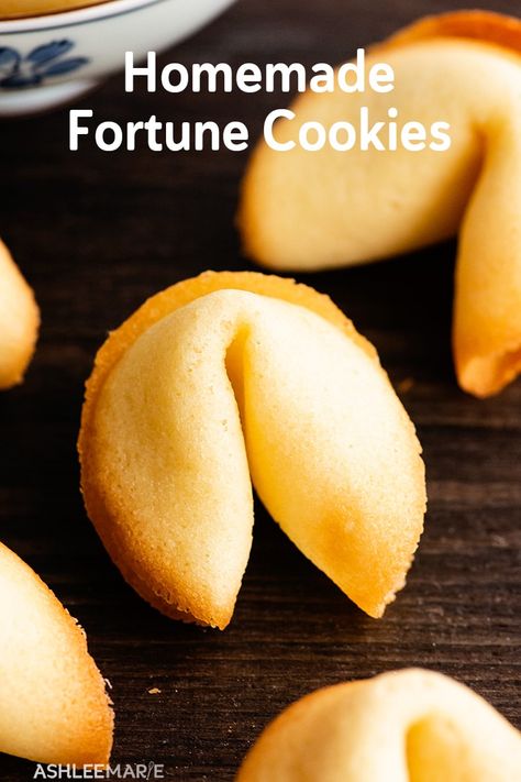 These custom fortune cookies are perfect for the Chinese New Year or anything else you can think of! Easy to make with a subtle flavor and a great crunch. #chinesenewyear #fortunecookie #chinesetakeout #ashleemarierecipes #customfortunecookies Homemade Fortune Cookies Easy, Vegan Fortune Cookies, Chinese Almond Cookies Recipes Easy, Diy Fortune Cookies Paper, Panda Express Fortune Cookies, Chinese New Year Cookies Recipes, Easy Fortune Cookie Recipe, How To Make Fortune Cookies Recipes, How To Make Fortune Cookies