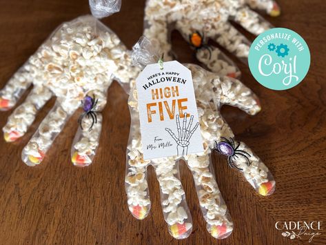 These DIY tags were made especially for Halloween popcorn hands, but can be used for any spooky gift. If you're looking for a fun and simple Halloween treat for neighbors, friends, or classmates, hand out a unique Halloween High Five! Because little goblins need high fives too!   You'll receive access to an editable file so that you can print 12 tags to a page and trim as many as you like.  ♥ DEMO LINK♥  Try before buying! Simply copy and paste the URL below into your browser: https://www.corjl. Popcorn Hands, Halloween Treat Tags, Halloween Gift Tags, Halloween Popcorn, Classroom Diy, Halloween Treats Easy, Spooky Gifts, Halloween Tags, Tags Printable