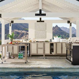 Isola Outdoor Kitchen in Weathered Teak Wicker Door, Covered Outdoor Kitchens, Modular Outdoor Kitchens, Frontgate Outdoor, Weathered Teak, Outdoor Kitchen Bars, Ideal Kitchen, Inspire Me Home Decor, White Wicker