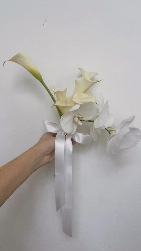 Single Stem Lily Bouquet, White Orchid And Calla Lily Bouquet, Minimalist White Bridesmaid Bouquet, Minimal Orchid Bouquet, Minimal White Bridesmaid Bouquet, Mini Calla Lily Bouquet, Single Orchid Bouquet, Calla Lily Orchid Bouquet, Mini Bride Bouquet