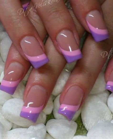 Purple Nail Art Designs French Tips, Purple And White French Tip Nails, Pink And Purple Nails Designs, Red Blonde Highlights, Purple French Nails, Coloured French Manicure, Nails 2000s, Purple French Tip, Nail Tips Ideas