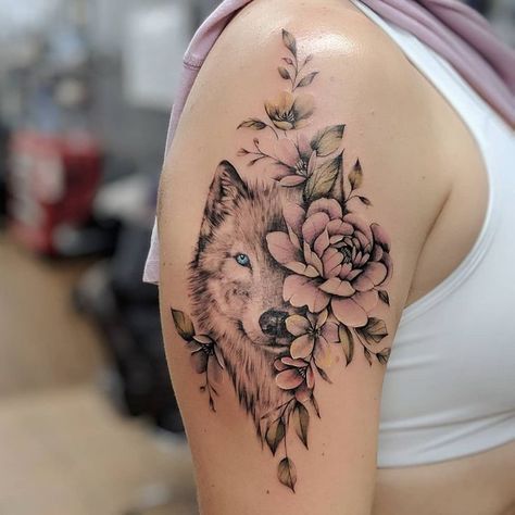 Half Bear Half Flower Tattoo, Flower And Wolf Tattoos, Animal Shoulder Tattoos For Women, Rose Wolf Tattoo, Husky Flower Tattoo, Wolf And Flowers Tattoo For Women, Wolf And Sunflower Tattoo, Wolf And Rose Tattoo, Wolf Flower Tattoo