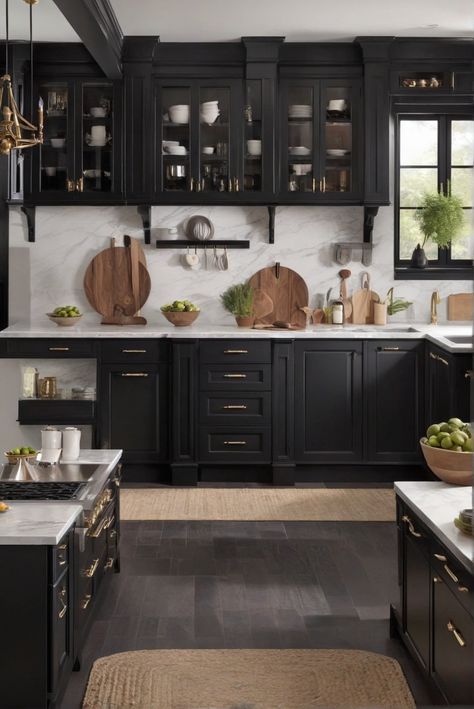 1. Black cupboard upgrade
2. Stylish kitchen transformation
3. 2024 cabinet trend
4. Elegant kitchen makeover Black Appliances Black Cabinets, Black Appliances With Wood Cabinets, Butcher Block Countertops Dark Cabinets, Black Cabinets Grey Countertops, Small Kitchen With Black Cabinets, Kitchen Cabinets Black, Tricorn Black Cabinets, Black Cabinets In Kitchen, Kitchen Ideas Black Cabinets