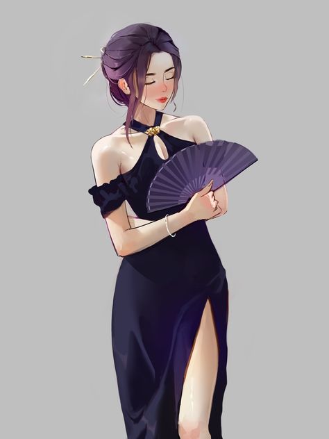 When u are so hawt that u need to carry a fan with u. "An asian gurl holding a fan in black dress and a silver bracelet in her right hand with yummy legs STUDY!" . . . #digitalart #digitalpainting #noaiart #humanmade® #photoshop #stylizedportrait #artstudy Woman Holding Fan Reference, Hand Holding Staff Drawing Reference, Fan Holding Pose, Flute Holding Pose, Holding A Fan Pose, Hand Holding Fan Drawing, Purse Drawing Reference, Fan Holding Reference, Hand Fan Pose