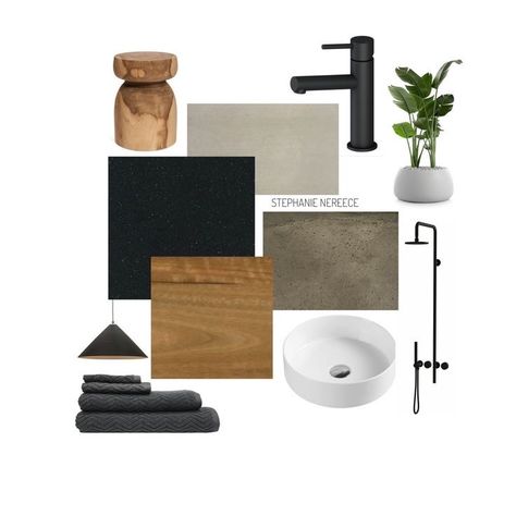 Bathroom Mood Boards, Beige And Black Bathroom, Bathroom Mood Board, Interior Design Course, Dark Bathroom, Materials Board Interior Design, Timber Vanity, Vanity Black, Interior Design Institute