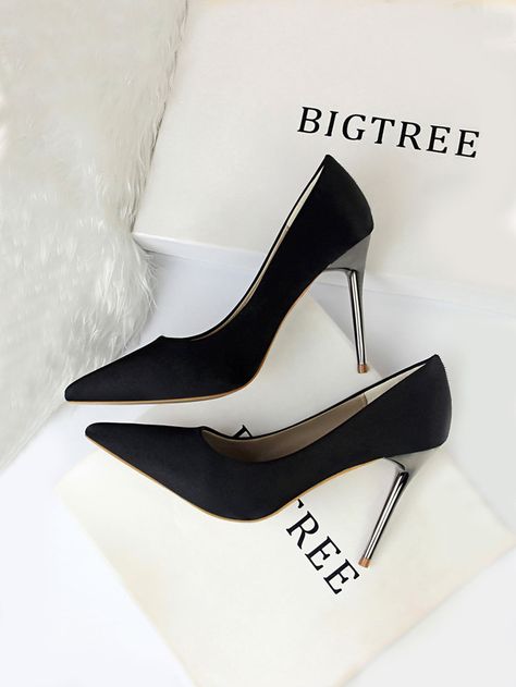 Black Elegant    Plain Court Pumps Embellished   Women Shoes Party Shoes Heels, Red Wedding Shoes, Gold High Heels, Basic Heels, Elegant High Heels, Women Heels, Shoes Spring, Satin Heels, Yellow Shoes