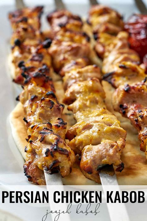 Joojeh Kabob (Persian Chicken Kabob) Persian Joojeh Kabob, Persian Grilled Chicken, Iranian Chicken Kabob, Persian Chicken Recipes, Persian Chicken Kabob Marinade, Joojeh Kabob Recipe, Iranian Chicken Recipes, Persian Food Traditional, Persian Chicken Recipe