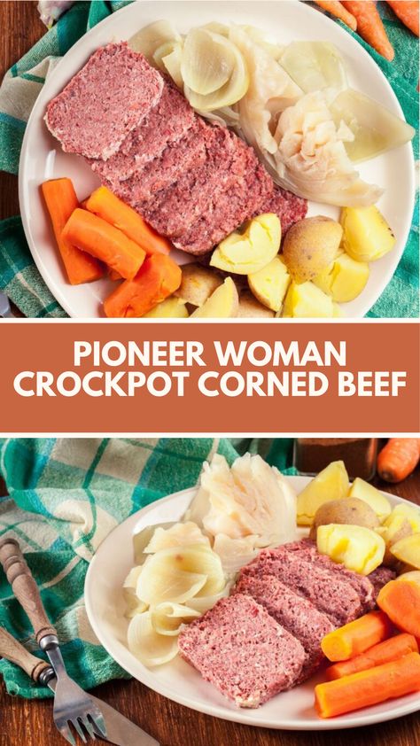 Pioneer Woman Crockpot Corned Beef is made with a 3-4 lb. corned beef brisket, carrots, red potatoes, onion, cabbage, and beef broth. This hearty dish requires 8 to 9 hours of slow cooking and serves approximately 10 people. Slow Cooker Corned Beef And Cabbage Easy, Flat Cut Corned Beef Brisket Crock Pot, Crockpot Corned Beef And Cabbage Easy, Corn Beef And Cabbage Recipe Crock Pot, Sides For Corned Beef, Corned Beef Brisket Crock Pot, Crockpot Corn Beef, Corned Beef Crockpot, Pioneer Woman Crockpot