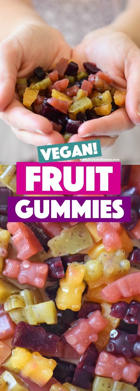 Healthy Gummy Fruit Snacks - Fork and Beans Gummy Fruit Snacks, Jello Fruit, Fruit Gummies, Recipes Fruit, Fruit Appetizers, Vegan Gummies, Vegan Candies, Fruit Snack, Vegan Kids