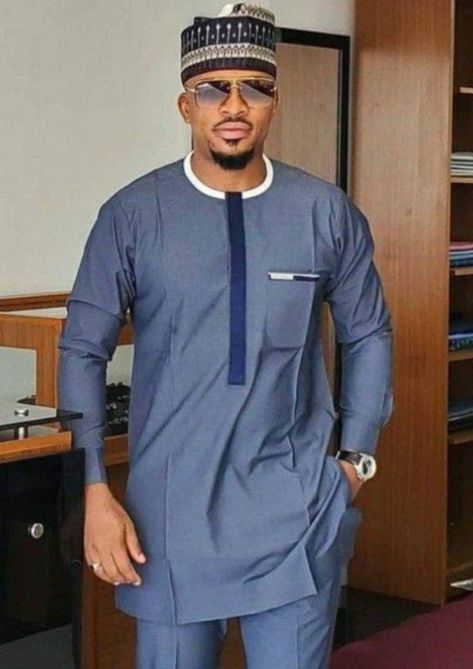 Blue Kurta With Stand Collar, Men African Wear, Latest African Wear For Men, African Wear For Men, Men Kaftan, Costume Africain, African Suit, Native Wears, Nigerian Men Fashion