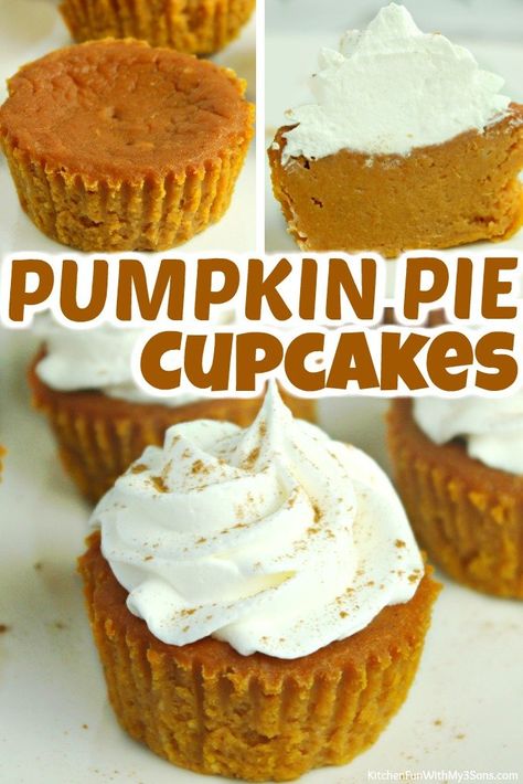 Pumpkin Pie Muffin Tin, Pumpkin Pie Filled Cupcakes, Pumpkin Pie Canning Recipes, Pumpkin Pie Cupcakes Easy, Pumpkin Pie Snacks, Pumpkin Pie Wedding Cake, Muffin Tin Pumpkin Pie, Halloween Pumpkin Desserts, Pumpkin Pie In A Cup For Kids