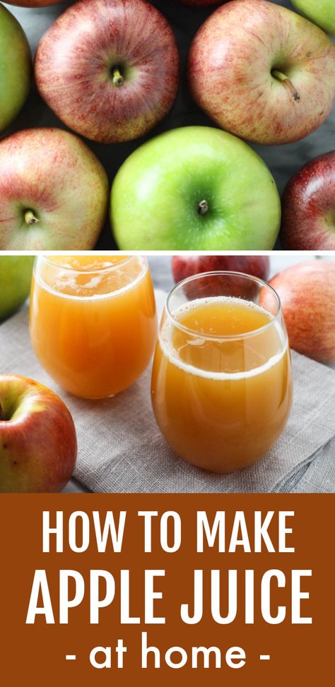 Collage of two images. The image on the top is close up shot of apples. The image on the bottom is a shot of two glasses of apple juice. Below the image, there is a text overlay saying: How to Make Apple Juice At Home. Healthy Apple Juice Recipes, How To Make Apple Juice With A Juicer, How To Make Apple Juice With A Blender, How To Make Apple Juice Without A Juicer, Homemade Apple Juice Recipe, How To Make And Can Apple Juice, Juicing Recipes With Red Apples, Healthy Apple Juice, How To Make Fruit Juice