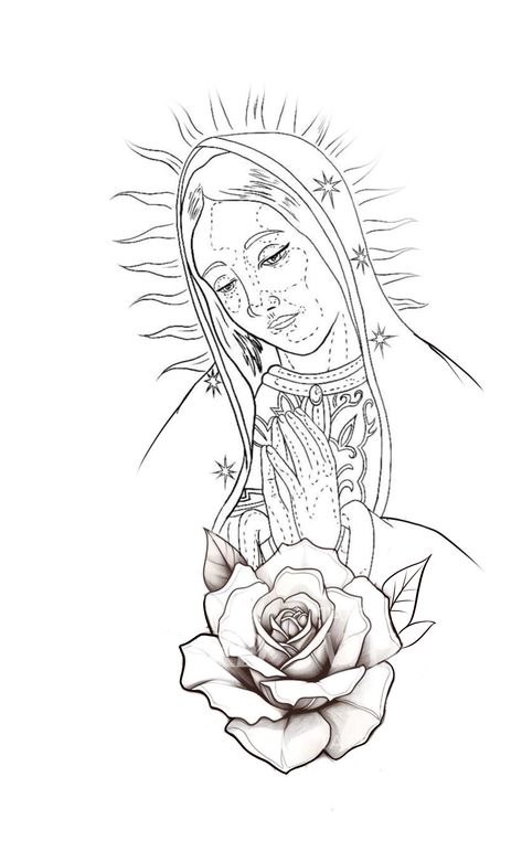 Virgin Mary Tattoo Stencil, Virgin Mary Tattoo Design, Virgin Mary Drawing, Mary Tattoos, Jesus Christ Tattoo, Virgin Mary Tattoo, Mexican Tattoo, Christ Tattoo, Mary Tattoo