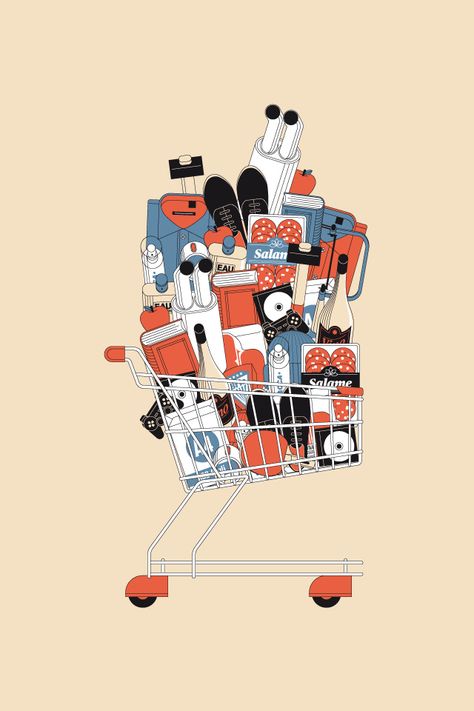 Shopping Cart by Francesco Franchi Speculative Design, Friends Ideas, Illustration Courses, Social Media Art, Naive Illustration, Props Art, Quirky Illustration, Abstract Face Art, Winter Illustration