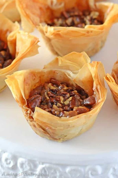 Mini Pecan Pies ; In Phyllo Cups Philo Dough Dessert Recipes, Pecan Baking, Phyllo Cup Desserts, Phyllo Desserts, Pecan Baklava, Philo Pastry, Stuffing Cups, Tiny Desserts, Cup Desserts