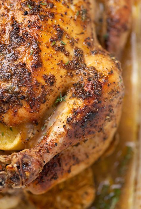 Lemon Thyme Roasted Whole Chicken, Roasted Garlic Chicken Soup, Thyme Roasted Chicken, Marinade For Roast Chicken, Roast Chicken Stuffing Recipes, Lemon And Thyme Chicken, Roast Chicken Stuffing, Roast Chicken Marinade Recipes, Thyme Chicken Recipes