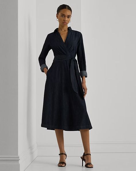 Denim Long-Sleeve Midi Dress Midi Dress For Women, Swimwear Dress, Fringe Skirt, Ralph Lauren Long Sleeve, Ralph Lauren Womens, Long Sleeve Midi, Long Sleeve Midi Dress, Faux Wrap Dress, Shirtdress