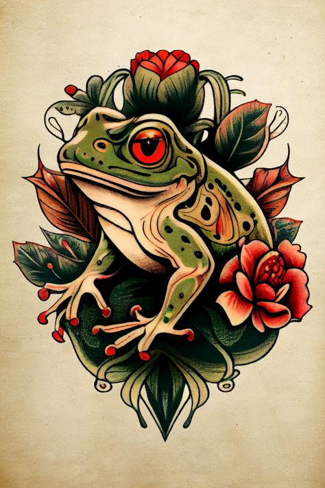 frog tattoo, tattoo, tattoo design, toad tattoo, tree frog tattoo, vintage tattoo Bullfrog Tattoo Ideas, Frog Traditonal Tattoo, Neo Traditional Frog, Old School Frog Tattoo, Cartoon Frog Tattoo, Traditional Frog Tattoo, Japanese Frog Tattoo, Traditonal Tattoo, Traditional Tattoo Outline