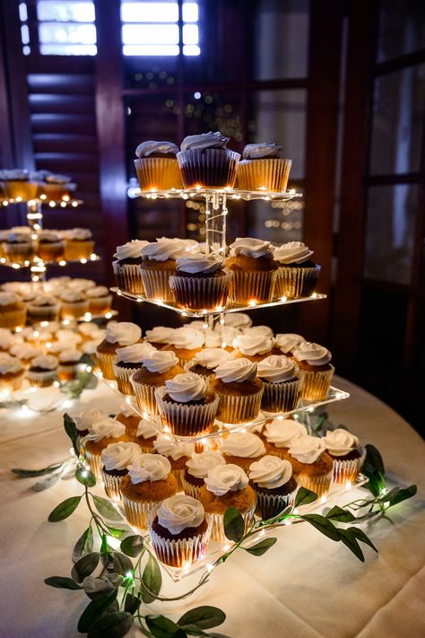 Dreamy Dubsdread Golf Course Wedding | cupcake tower Wedding Guest Dessert Ideas, Wedding Pastries Table Ideas, Wedding Reception Cupcakes, Cupcake Display For Wedding, Pastries For Wedding, Wedding Cupcake Bar, Cheesecake Tower Wedding, Cupcake Table Wedding Display, Cupcake Dessert Table Display