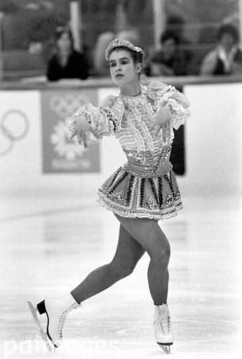 Katarina Witt of East Germany performs a Slavic dance on skates during her performance in Olympic short skating program in Sarajevo, Yugoslavia, Thursday, Feb. 17, 1984 during the XIV Olympic Winter Games. Katharina Witt, Olympic Figure Skating, Ice Capades, Katarina Witt, Ice Skating Costumes, Sport Pictures, Skating Costumes, Ice Girls, Ice Skaters