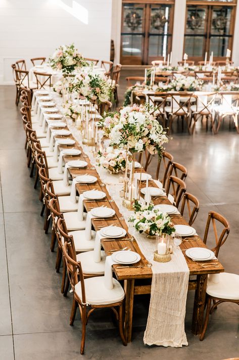 Wood Table Party Decor, Plain Table Decor Wedding, Long Tables For Wedding Reception, Indoor Rustic Wedding Reception Decor Table Settings, Wedding Reception Tables Layout 150, Wedding Eating Table Ideas, Nuetral Pallete Wedding Table, Harvest Table Wedding Layout, Wedding Tables Lay Out