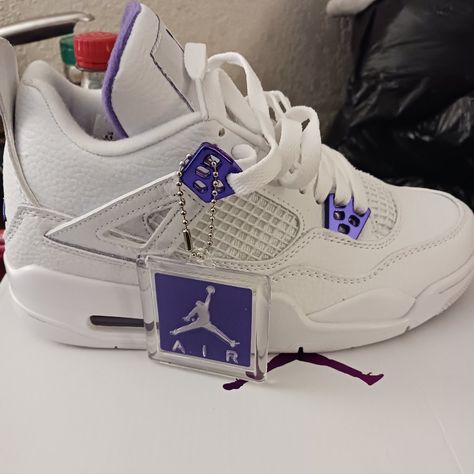 Brand New White And Purple Jordans Purple Jordans 4s, Hype Shoes Women, Jordan 4 Violet, Jordans For Women, Jordan 4 Retro Metallic Purple, Jordan 4 Purple, Purple Jordans, Jordan 4 Metallic Purple, Cute Shoes Sneakers