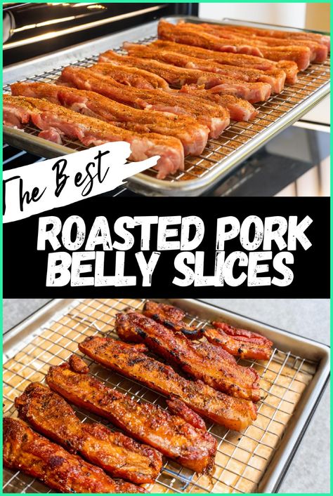 Pork belly strips are the ultimate comfort food, with their crispy edges and rich, savory flavor. Learn how to cook pork belly slices in the oven or on the grill with these easy recipes. Add marinades or seasonings to elevate the flavor and create a dish that melts in your mouth. Save the recipe for later and enjoy crispy pork belly strips anytime. Pork Belly Seasoning Recipe, Pork Belly Oven Roasted, How To Cook Pork Belly Slices, How To Cook Sliced Pork Belly, Pork Belly Ribs, Smoked Pork Belly Bites, Pork Belly Carnivore, Slice Pork Belly Recipes, Pork Belly Recipes Easy Oven