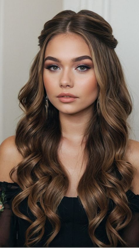 Weave Hairstyles For Graduation, Curls Hairstyles For Long Hair, Bridesmaids Hair Straight, Middle Part Wavy Hair Wedding, Wavy Hair For Photoshoot, Hollywood Glam Bridesmaid Hair, Hair Half Up Half Down Prom, Hairstyle For Damas, Graduation Hair Inspiration