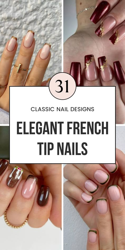 Step up your winter style with elegant French tip nails! These designs feature classy touches like gold or red tips on almond or short nails. Perfect for anyone looking for a chic, simple manicure. Save this pin to discover more elegant nail polish ideas and classy French manicure looks! French Nails Ideas White, Short Oval Nails French Tip, French Tip Nails With Design Square, Almond Shaped Christmas Nails, French Tip Nails Short Square, Simple Elegant Nail Designs, Fancy French Nails, Gel Nails Almond Shape, Winter French Nails