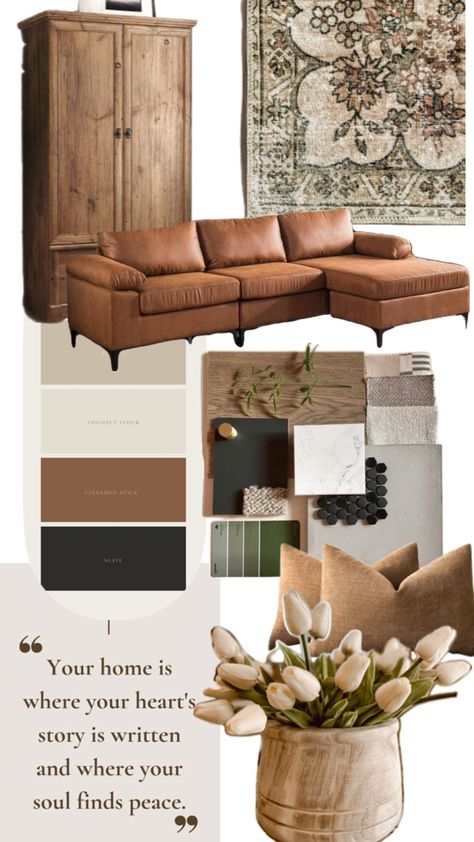 Living room decor California Ranch Living Room, Combining Wood Tones Living Rooms, Cozy Living Room On A Budget, Love Sac Living Room Ideas, Earthy Cozy Living Room, 2025 Living Room Trends, Living Room With Wooden Furniture, Earthy Color Palette Living Room, Warm Transitional Living Room