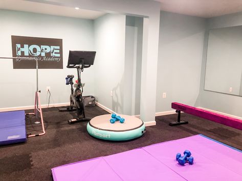 Home Gymnastics Gym, Basement Gymnastics Area, Garage Gymnastics Gym, Gymnastics Home Gym, Home Gymnastics Room For Kids, Gymnastics Room In House, At Home Gymnastics Room, Home Gymnastics Room, Gymnastics Room Ideas