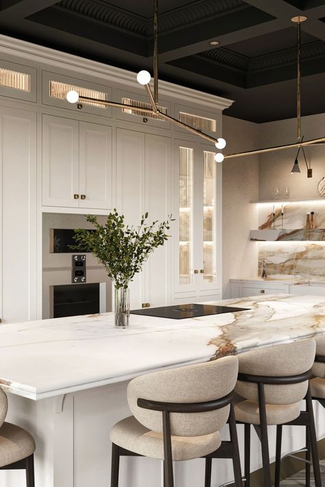 A light and airy kitchen concept with a detailed central island featuring a double bullnose edge worktop in Calacatta Borghini. Our hand-painted Iconic collection cabinetry has fluted glass fronts and aged brass fittings to compliment the gold marble veining. #Smallbone #KitchenDesign #KitchenInspiration #DreamKitchen #Marble #Homedecor #TimelessDesign #WhiteKitchen #HomeInspo #Kitchenisland #DesignDetails #LuxuryLiving #KitchenGoals #cabinetry #KitchenRenovation #LuxuryKitchen #Handcrafted Quartzite Countertops Taj Mahal, Light And Airy Kitchen, Smallbone Kitchens, Calacatta Borghini, Airy Kitchen, Bath Trends, Kitchen Concept, Fluted Glass, Kitchen Concepts