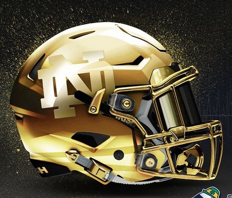 Notre Dame’s classic gold helmet is one of the most recognizable lids in college football. Still, that hasn’t stopped multiple alternate Notre Dame concept helmets from popping up recently. This one, courtesy of Empire Graphics, takes the Notre Dame gold to a new level. What do you think Irish fans? Lucky Charm! All gold ND … Helmet Game, Cool Football Helmets, Gold Helmet, Noter Dame, College Football Uniforms, Football Helmet Design, College Football Helmets, Nfl Football Helmets, Helmet Concept