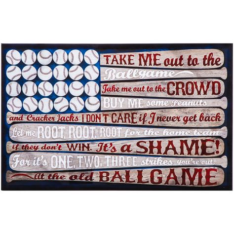 Get Take Me Out To The Ballgame Canvas Wall Decor online or find other Quotes Wall Art products from HobbyLobby.com Baseball Themed Bedroom, Baseball Wall Decor, Baseball Nursery, Baseball Bedroom, Sports Bedroom, Sports Wall Decor, Baseball Signs, Rustic American Flag, Wooden Wall Signs