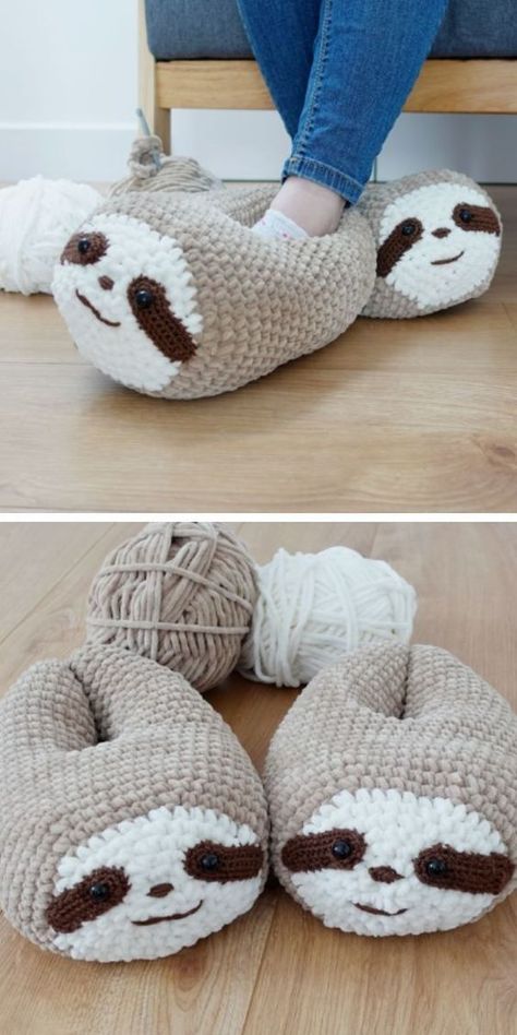 Chunky Sloth Slippers Free Crochet Pattern #easycrochet, #amigurumi, #stuffedanimals, #smallcrochetprojects, #kawaiicrochet Sloth Amigurumi Pattern, Sloth Knitting Pattern Free, Sloth Free Crochet Pattern, Birthday Gift Crochet Ideas, Crochet Kids Slippers Free Pattern, Crochet Birthday Gift Ideas, Sloth Amigurumi Pattern Free, Birthday Crochet Gift Ideas, Crochet Sloth Pattern Free