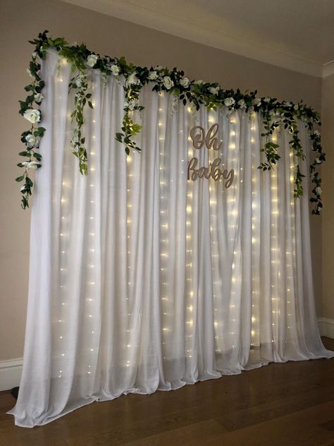 Backdrop With Flowers And Lights, Floral And Lights Backdrop, Wedding Backdrop Fairy Lights, Light Backdrop Diy, Twinkle Lights Backdrop, Fairy Light Curtain Backdrops, Greenery Backdrop With Lights, Natural Backdrop Ideas, Curtain Flower Backdrop