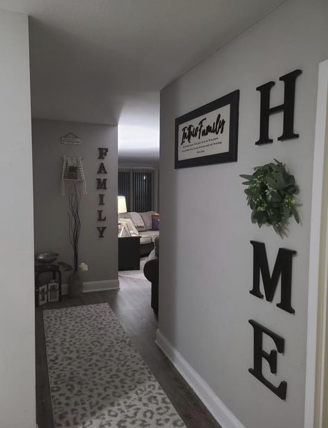 Apartment Decorating Hallway, Black N White Apartment, Black And Grey House Decor, Boujee Aesthetic Living Room, Front Entryway Ideas Apartment, Boyfriend Girlfriend Apartment Decor, Apartment Door Decor Entrance Hallways, Home Decor Black Accents, Grey House Interior Decor