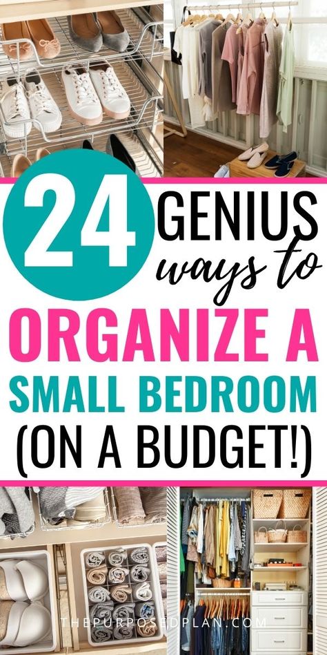 24 Easy Ways to Organize a Small Bedroom on a Budget - The Purposed Plan How To Organize A Very Small Bedroom, Best Storage Ideas For Small Bedrooms, Organizing Ideas Small Bedroom, Organizing For Small Bedrooms, Organization Ideas For The Home Closet Small Bedrooms, How To Create Storage In A Small Bedroom, Organize Hacks Bedroom, Storage Ideas For Small Spaces Bedroom Room Organization, Small Space Bedroom Organization